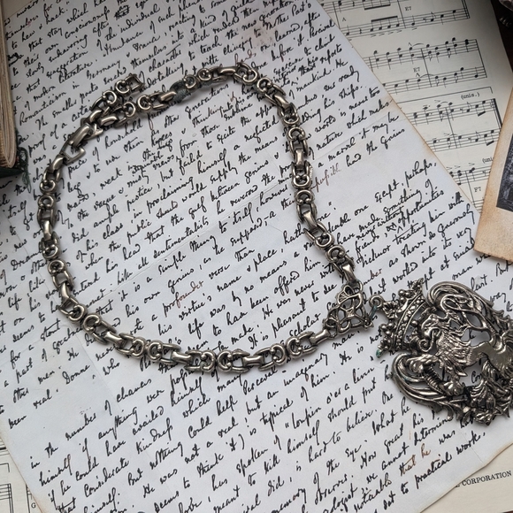 Ornate Silver Pendant Necklace Medieval Costume Jewelry - Picture 4 of 8